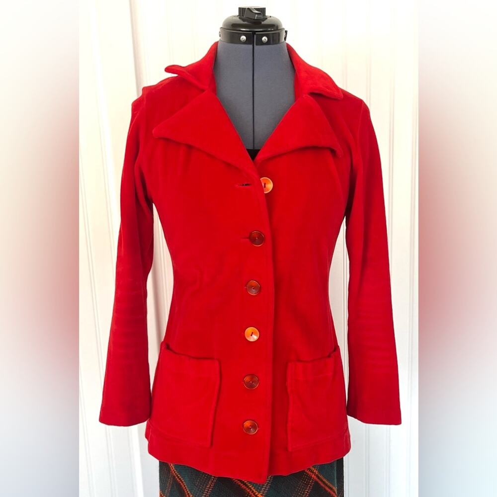 Vintage 60s 70s Red Velour Jacket Pointed Collar Full Button Down Pockets